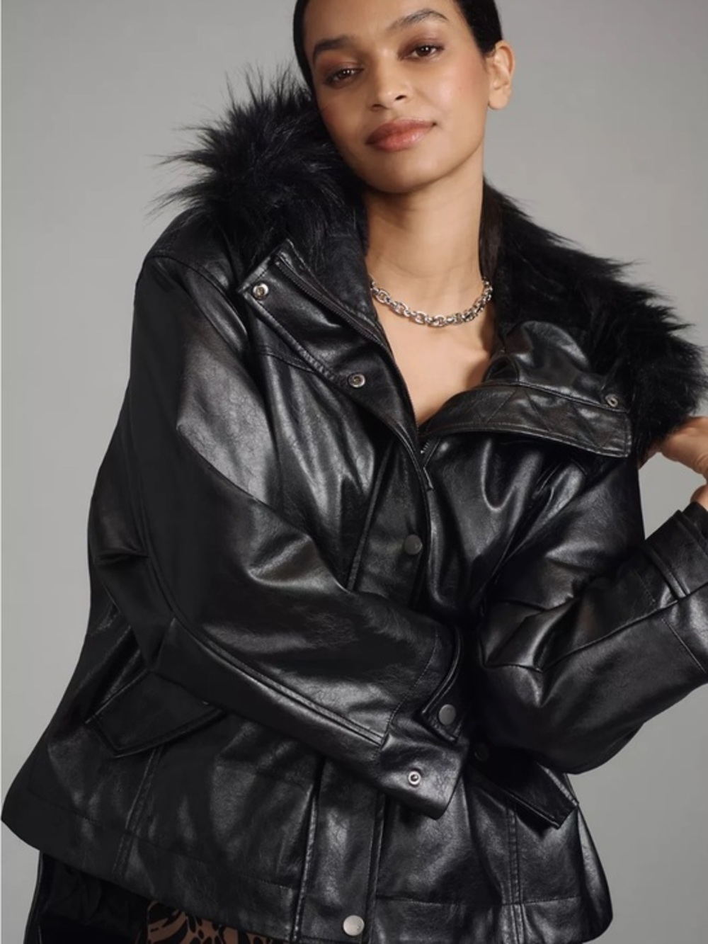 ANTHROPOLOGIE PILCRO FAUX LEATHER FUR HOODED JACKET COAT BLACK XS